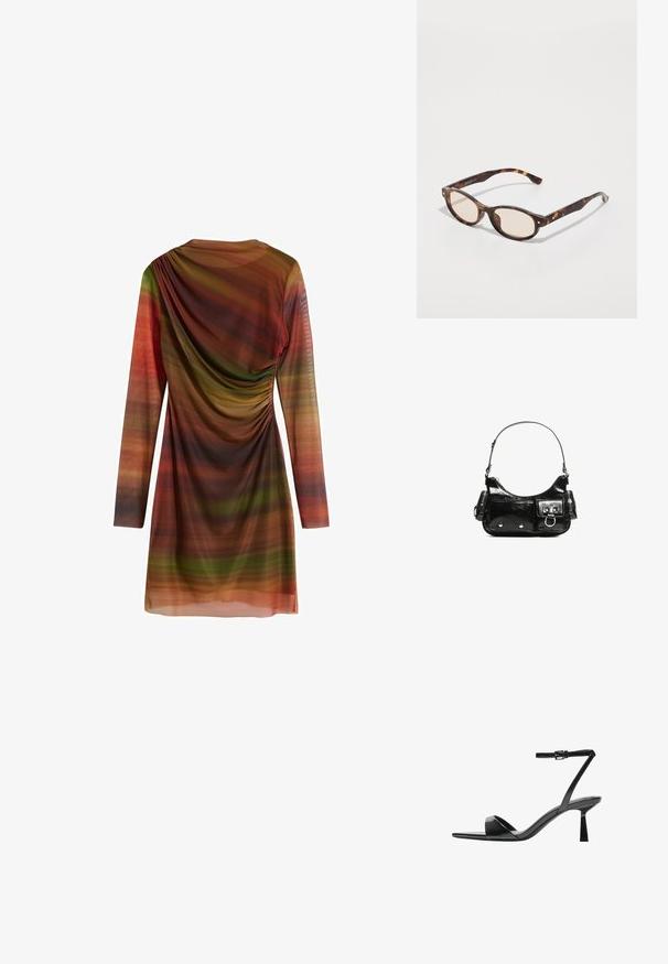 Haljina dugih rukava od lagane tkanine s dugim, višebojnim horizontalnim prugama u nijansama zelene, narančaste i smeđe; ima nabirane detalje.; Bershka Sandale s visokom petom - black; Naocale u obliku sunca s kornjačevinom i okruglim oblikom, laganim lećama. Imaju čvrste ručke s malim zlatnim detaljima, izrađene od plastičnog materijala.; Crna patentna kožna torba s zakrivljenim oblikom, jednim remenom za rame, prednjim džepovima i akcentima od srebrnog tona.