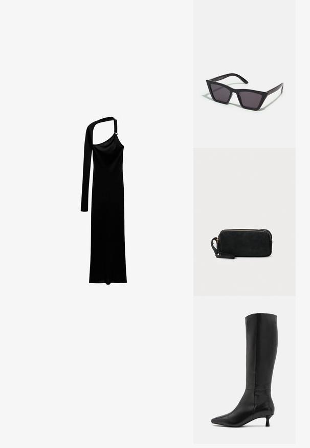 Mango NAPOLI - Maxikleid - black; Zign Stiefel - black; Schwarze, eckige Sonnenbrille mit grauen Gläsern; aus Kunststoff gefertigt, mit dicken Bügeln, die eine glatte Oberfläche und keine sichtbaren Beschläge haben.; Schwarze Wildleder-Clutch mit einem Reißverschluss und abnehmbarem Handgelenkband. Verfügt über goldfarbene Hardware und eine glatte, matte Oberfläche.