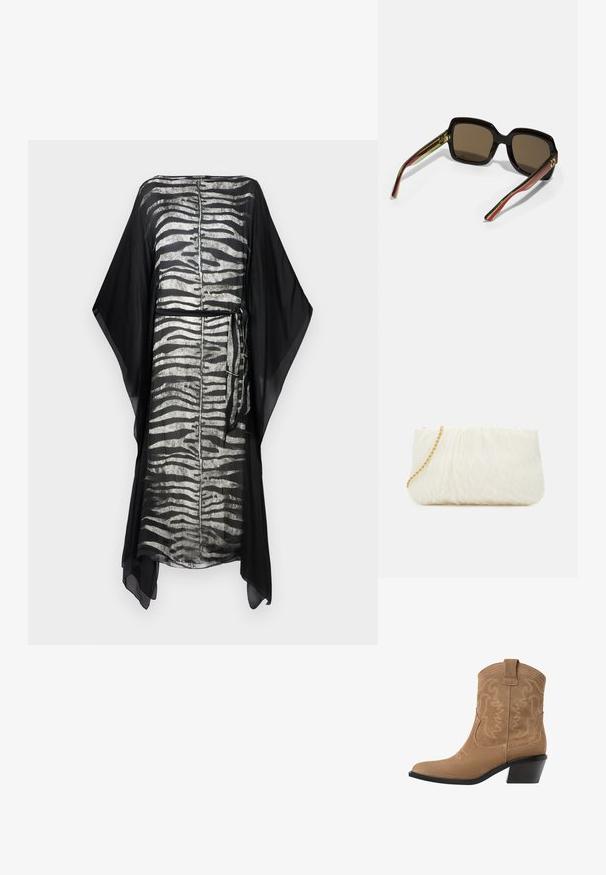 Sort kaftan med et sølvfarvet zebra-stribe mønster, letvægtsstof, løse ærmer og en knyttet taljedetalje. Enkel, svævende design.; Brune ruskind western ankelstøvle med spids tå, broderet design og en lav, stablet sort hæl. Har trækkroge for nem påtagning.; Sorte oversized solbriller med brune linser. Har unikke stribede arme i grøn og rød samt guld hardware-detaljer. Fyrkantet form.; Hvid tekstureret clutchtaske med en samlet design, der har en guld kædestrop. Glat finish med subtile bølger og afrundede kanter.
