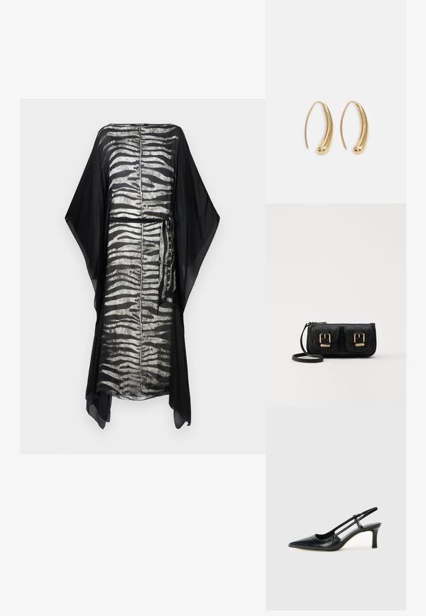 Kaftan noir avec un motif rayé zèbre argenté, en tissu léger, manches amples et détail de taille nouée. Design simple et fluide.; Escarpin slingback en vernis noir avec un bout pointu, présentant un imprimé serpent texturé, une sangle réglable et un petit talon bloc texturé.; Sac en cuir noir porté en travers avec deux poches avant, boucles dorées, fermeture zippée et une sangle fine. Surface texturée et forme rectangulaire compacte.; Boucles d'oreilles en métal doré en forme d'anneau, avec une forme courbée et allongée. Elles présentent une surface lisse et brillante avec une pointe arrondie pour un détail supplémentaire.