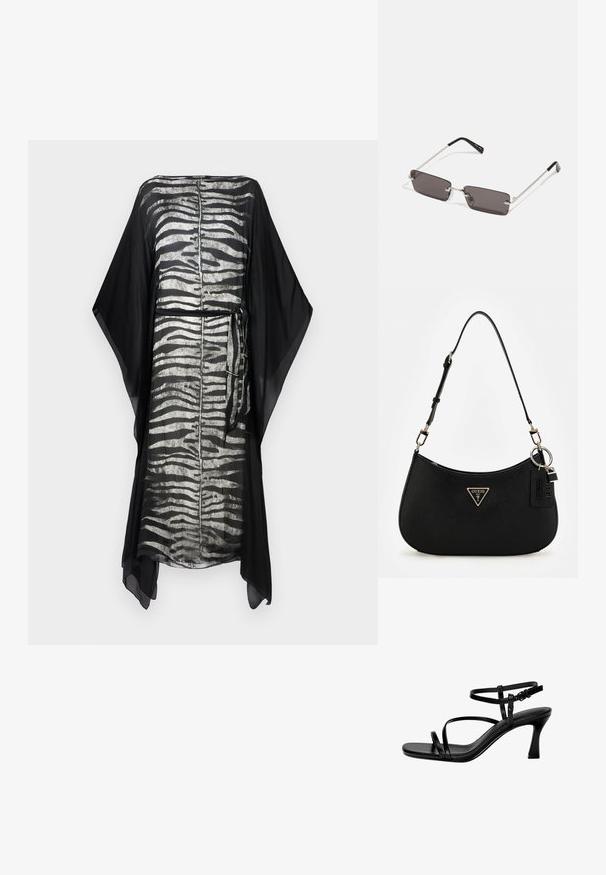 Schwarzer Kaftan mit silbernem Zebra-Streifenmuster, leichtem Stoff, weiten Ärmeln und gebundenem Taillendetail. Schlichtes, fließendes Design.; Schwarze Leder-Sandalen mit Absatz, ausgestattet mit dünnen Riemen, einer quadratischen Zehenpartie und einem Stiletto-Absatz. Verstellbarer Knöchelriemen für eine optimale Passform. Glatte Textur.; Sonnenbrille mit rechteckigen, dunkelgrauen Gläsern, silbernen Metallrahmen und schwarzen Kunststoffenden an den Bügeln. Leichtes Design mit Nasenpads.; Schwarze synthetische Schultertasche mit geschwungenem Silhouette, strukturiertem Finish, goldenem Dreiecks-Logo und abnehmbaren Hardware-Akzenten.