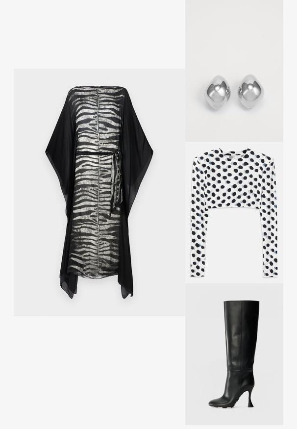 Zwarte kaftan met een zilveren zebrapatroon, lichtgewicht stof, losse mouwen en een strikdetail in de taille. Eenvoudig, vloeiend ontwerp.; Korte mouwen top van rekbaar witte stof met een zwart stippenmotief, met een gladde textuur en ronde halslijn.; Zwarte leren kniehoge laars met een aansluitende schacht en een spitse neus. Beschikt over een kenmerkende gebogen hak en een gladde textuur.; Zilveren metalen oorbellen met een gladde, ronde vorm, voorzien van een gepolijste afwerking en een reflecterend oppervlak. Minimalistisch ontwerp zonder versieringen.