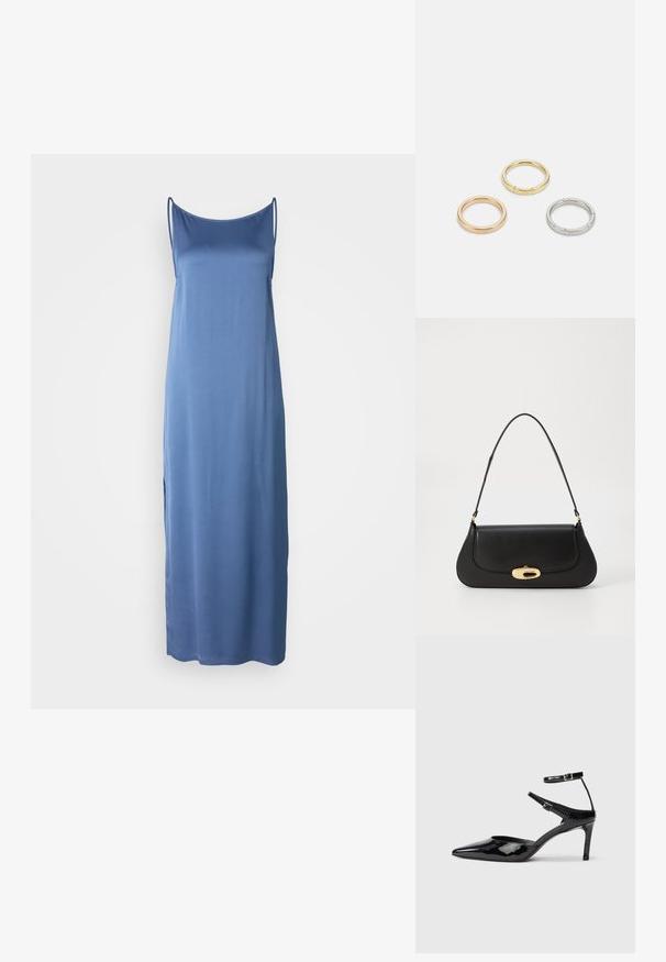 Rochie fără mâneci, de lungime până la podea, dintr-un material albastru deschis. Prezintă o textură fină, un decolteu rotunjit și fante laterale pentru ușurința mișcării.; Cizme cu toc din piele lacuită neagră, cu vârf ascuțit, curele reglabile la gleznă și un toc subțire. Textură netedă cu un finisaj lucios.; Geantă de mână din piele neagră, cu un design curbat, accesorii de culoare aurie și un mâner de sus. Dispune de o închidere elegantă și o textură netedă.; Trei inele din metal: unul roz aurie, unul auriu cu accente texturate și unul argintiu, toate cu branding gravat pe banda interioară.