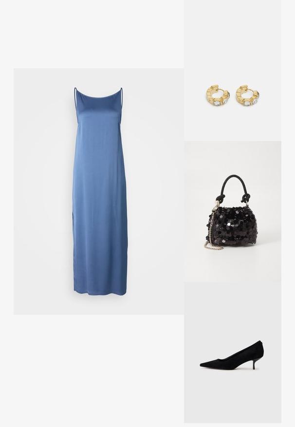 Vestido sem mangas, até ao chão, em um tecido azul suave. Apresenta uma textura lisa, um decote redondo e fendas laterais para facilitar os movimentos.; Sapato de salto alto em camurça preta com bico afunilado e salto baixo e fino. Textura suave com um design elegante, apresentando nenhum hardware visível.; Mala mini preta de lantejoulas com uma alça texturizada em nó e corrente prateada. Forma arredondada com parte superior pregueada e detalhes reflexivos.; Brincos de argola dourados com um design texturizado e três cristais transparentes em um lado, oferecendo uma estética geométrica moderna.