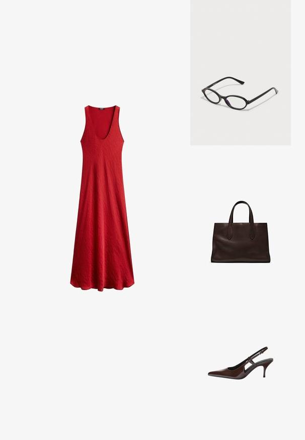 Rode mouwloze jurk met een diepe V-hals, gemaakt van textuurstof. Flowt zachtjes vanaf de taille, wat een ontspannen silhouet creëert.; Bruine gepatenteerde leren slingback pump met een spits toelopende neus, open uitsparingen en een dunne hak. Voorzien van een verstelbare gesp.; Zwarte ovale brillen met doorschijnende paarse accenten op de lenzen. De monturen hebben een matte afwerking en slanke, rechte veren.; Bruine leren tote bag met twee verlengde handvatten, gestructureerde rechthoekige vorm, gladde textuur en subtiele stiksels.