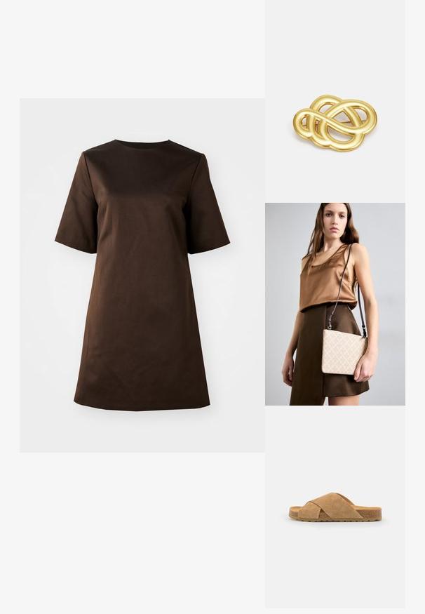 Ruda trumpa suknelė su apvaliu kaklu ir laisvu siluetu, pagaminta iš lygaus audinio, su paprastu, minimalistišku dizainu.; Šviesiai ruda zomšos šlepetė su kryžminiais dirželiais, su kamštiniu padu ir tekstūruota guma apačioje, pasižyminti plokščiu dizainu ir plačia forma.; Kreminės spalvos kryžminio maišo su tekstūruota paviršiumi, turinčio deimanto raštą ir ilgą, reguliuojamą diržą. Lygus paviršius, stačiakampio formos.; Aukso tono sagė, pasižyminti mazgo dizainu su glotniais, kreivais linijomis ir sudėtinga forma, atspindinčia poliruotą paviršių.