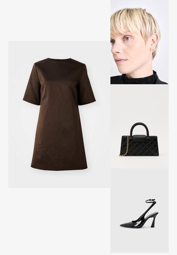 Abito marrone a maniche corte con scollo rotondo e una vestibilità morbida, realizzato in tessuto liscio, caratterizzato da un design semplice e minimalista.; Slingback eleganti in pelle verniciata nera con punta appuntita, cinturino alla caviglia regolabile e tacco quadrato moderato. Texture liscia con finitura lucida.; Borsetta nera realizzata in pelle texturizzata, con un motivo a diamante, una tracolla in metallo dorato e un manico superiore con chiusura a pattina con logo in rilievo.; Orecchino a cerchio in argento con design texturizzato e un accento di perla, indossato nell'orecchio sinistro, insieme a un'acconciatura rasata.