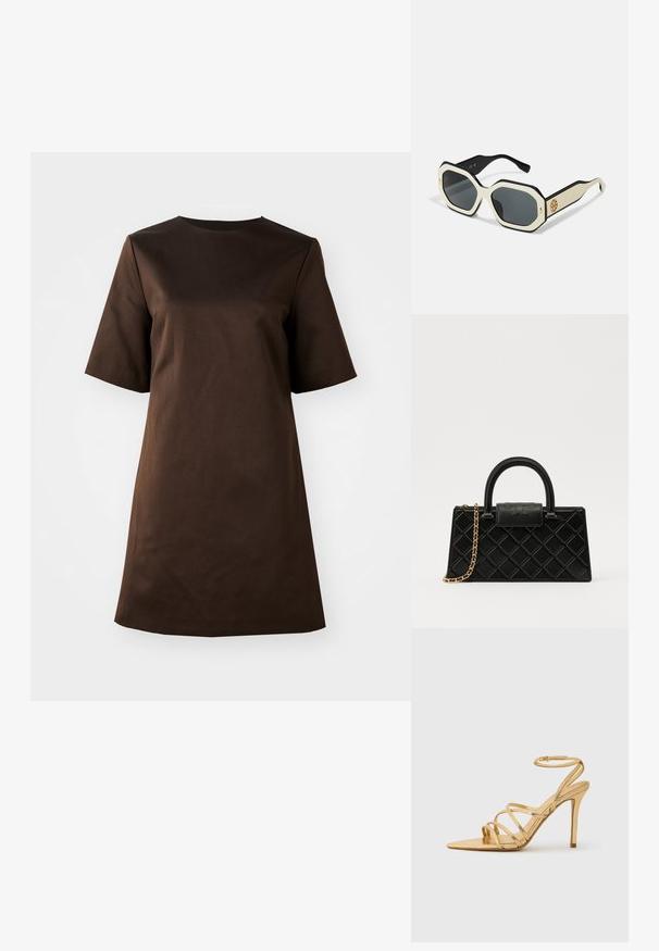 Vestido corto marrón de manga corta con cuello redondo y corte suelto, confeccionado en una tela suave, que presenta un diseño sencillo y minimalista.; Sandalia de tacón alto dorada con tiras, puntera puntiaguda, acabado metálico, correa delgada en el tobillo y tacón texturizado. Diseño elegante con acentos mínimos.; Gafas de sol con un marco octagonal blanco, bordes negros y lentes grises. Un detalle del logo dorado en el lateral añade un acento distintivo.; Bolso negro hecho de cuero texturizado, con un patrón de diamantes, cadena de tono dorado y un asa superior con un cierre de tapa con el logo en relieve.