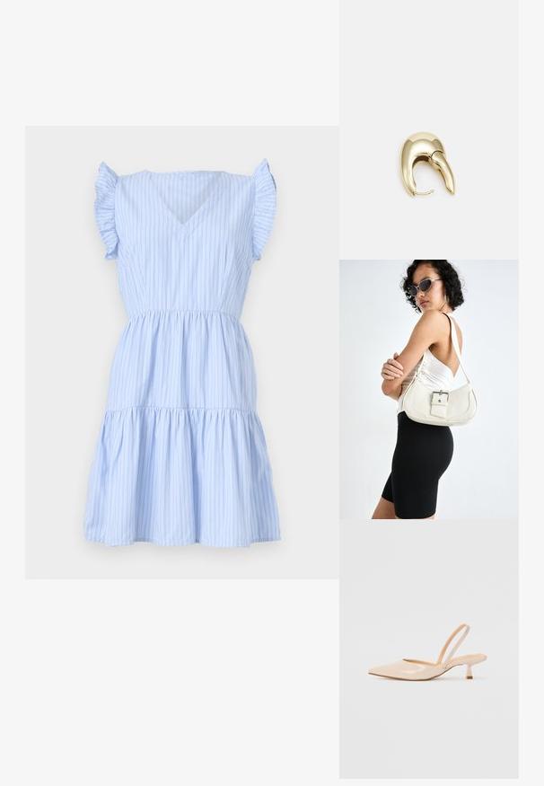 Svijetloplava haljina sa prugama, V-izrezom, kratkim volan rukavima, uskim pojasom i slojevitom suknjom. Napravljena od meke, lagane tkanine.; Bež sandale od lakirane kože s uskim vrhom i tankim, kvadratnim potpeticom. Glatka tekstura i minimalistički dizajn bez ukrasnih detalja.; Bijela kožna torbica s zakrivljenim oblikom, podesivim remenom i malim detaljem kopče. Model nosi usklađeni crni outfit.; Zlatne metalne naušnice s elegantnim, zakrivljenim dizajnom. Imaju karakterističan šiljast oblik, poliranu površinu i zatvaranje na šarku.