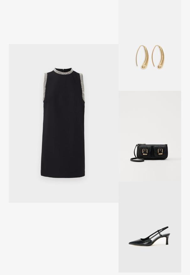 Ärmelloses schwarzes Kleid mit hohem Ausschnitt, verziert mit beaded Akzenten an den Schultern. Glattes Material mit gerader Silhouette.; Schwarze Lack-Slingback-Pumps mit spitzem Zehenbereich, versehen mit strukturiertem Schlangenprint, verstellbarem Riemen und einem kurzen, strukturierten Blockabsatz.; Schwarze Leder-Umhängetasche mit zwei vorderen Taschen, goldenen Schnallen, Reißverschluss und einem schmalen Tragegurt. Texturierte Oberfläche und kompakte rechteckige Form.; Goldfarbene Metall-Hoops mit einer geschwungenen, länglichen Form. Sie verfügen über eine glatte, glänzende Oberfläche und eine abgerundete Spitze für zusätzliche Details.