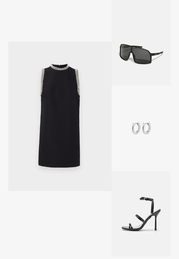 Mustat olkaimettomat mekko korkealla pääntiellä, jossa on koristeltuja helmikoristeita hartioilla. Sileä kangas, suora siluetti.; Musta patenttineuleinen korkeakorko sandaalit, joissa on kolme vaakasuoraa hihnaa ja säädettävä nilkkahihna. Tyylikäs siluetti ja kiiltävä pinta.; Mustia aurinkolasit, joissa on suuri, kulmikas kehys, tummat linssit ja ohuet, tyylikkäät varret, joissa on pieni logo yhdellä puolella.; Hopehope hopehope ni polido, yenye muundo wa duara na viungio visivyo na seams, vinavyoonyesha uso laini.
