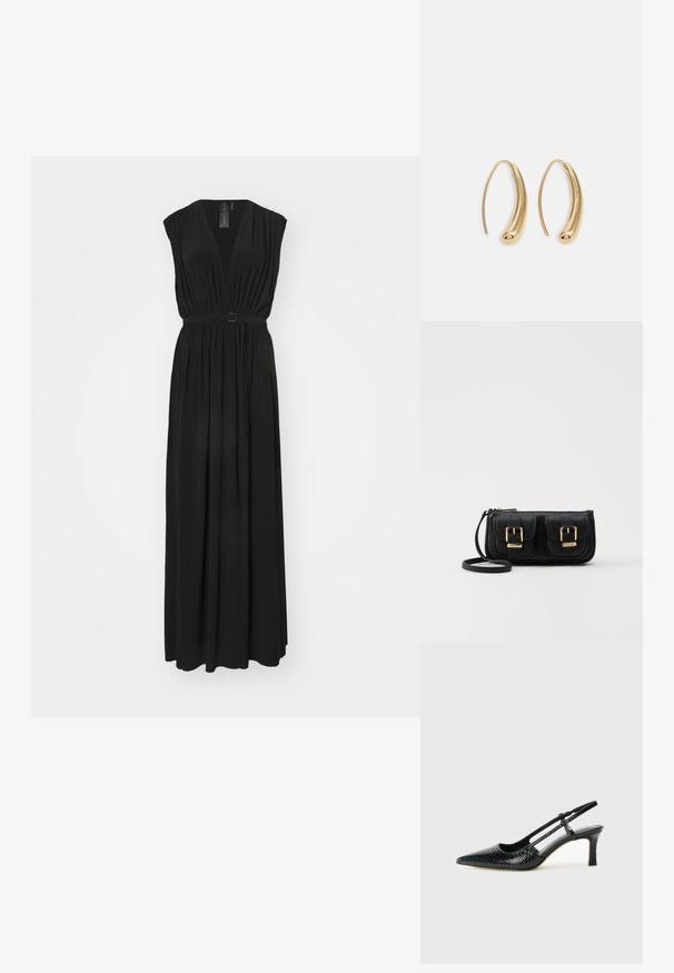 Black maxi dress with a deep v-neck, short sleeves, and a cinched waist featuring a belt with a round metal buckle. Soft, flowing fabric.; Black patent slingback heel with a pointed toe, featuring textured snake print, adjustable strap, and a short, textured block heel.; Black leather crossbody bag with two front pockets, gold buckles, zipper closure, and a slim strap. Textured surface and compact rectangular shape.; Gold-tone metal hoop earrings with a curved, elongated shape. Features a smooth, shiny surface and a rounded tip for added detail.