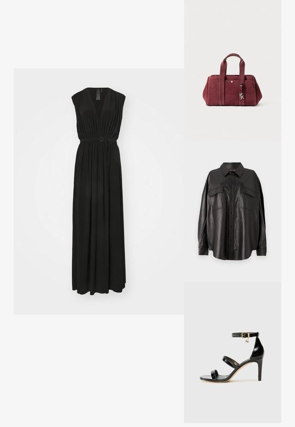 Crna maksi haljina s dubokim v-izrezom, kratkim rukavima i strukiranim dijelom s remenom s okruglom metalnom kopčom. Mekana, lepršava tkanina.; Crna kožna košulja s gumbima sprijeda, šiljastim ovratnikom i dva džepa na prsima. Ima širok kroj i glatku teksturu.; Crne lakirane kožne sandale s tri trake, kopčom na zapešću i potpeticom od 10 cm. Sadrže zlatne detalje i privjesak s logotipom.; Burgundska suđena torba s dva gornja ručka, zatvaranjem na zip, prednjim džepom i metalnim privjeskom. Pravokutni oblik s mekanom teksturom.