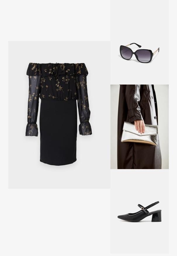 Černé šaty s volným střihem na ramena, průhlednými rukávy s květinovým vzorem a přiléhavou sukní. Detailně zpracované s volánky.; Černé lakované lodičky s otevřenou patou, špičatou špičkou, zaobleným střihem a blokovým podpatkem. Zdobené akcentem v zlatém tónu.; Černé oversized sluneční brýle se gradientními skly, silnými rámy a zlatými řetízkovými detaily na nožičkách.; Stříbrná metalická kabelka ve tvaru klínového obálkového designu, hladké textury a s kontrastní barvou uvnitř, držena v ruce s černým kabátem.