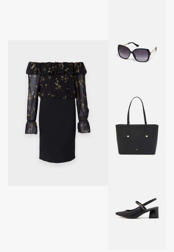 Fekete ruha vállra csúszó fazonnal, áttetsző virágmintás ujjak, és testhezálló szoknyával. Részletezve fodros díszítéssel.; Fekete lakk bőr, pántos magassarkú cipő, hegyes orral, lekerekített kivágással és tömbsarkal. Arany színű csat díszíti.; Fekete, oversize napszemüveg fokozatos árnyalatú lencsékkel, vastag kerettel és arany színű lánc díszítéssel a szárakon.; Fekete tote táska szintetikus anyagból, egyszerű téglalap formájú dizájnnal, arany négyzet díszítésekkel és dupla fogantyúkkal.