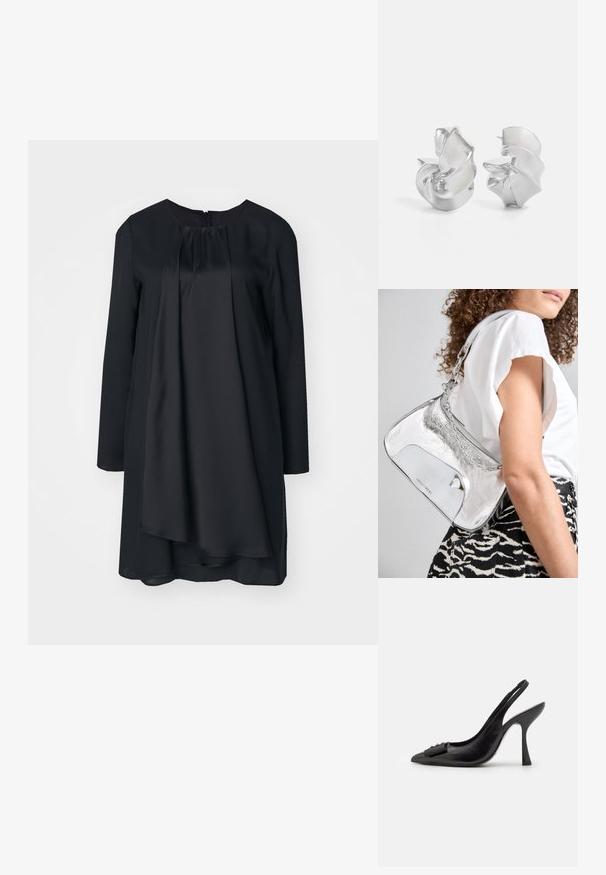 Emporio Armani VESTITO - Cocktailklänning - nero; Svart lädersandal med spetsig tå, smal hög klack och en dekorativ rosettdetalj. Slät yta och elegant design.; Silver metallisk axelväska med en slät yta, böjd design, kedjesnodd och en polerad framsida med en subtil loggogravering.; Silverörhängen med en flödande, spiraldesign. Slät textur med en polerad yta. Har en subtil glans och inga synliga dekorationer.