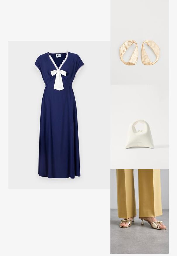 Tamsiai mėlyna suknelė su trumpomis rankovėmis, V formos iškirpte ir kreminės spalvos juostele liemenyje, papuošta nėrinių apdaila aplink iškirptę.; Stuart Weitzman FELICITY BOW SLIDE - Pantoletai su kulnu - platino; Balta rankinė su tekstūruotu, išlenktu dizainu. Yra ryški rankena ir suapvalinta apačia, su lygiu paviršiumi ir minimalia aparatinė įranga.; Nedidelis nereguliarus ovalo formos aukso tono metalinių auskarų pora su tekstūruota, šiek tiek kalta paviršiumi ant balto fono.