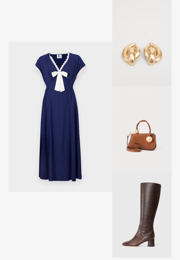 Navyblauw jurkje met korte capmouwen, een V-halslijn en een crèmekleurige strik in de taille, versierd met kant langs de halslijn.; Casadei EMILY - Laarzen - brown; Bruine leren handtas met een golvende uitstraling, voorzien van twee ronde gouden accenten en een afneembare schouderriem voor veelzijdig dragen.; Gouden metalen oorbellen met een gedraaide design, een gladde, glanzende oppervlakte en ronde vormen. Elke oorbel is ongeveer 5 centimeter groot.