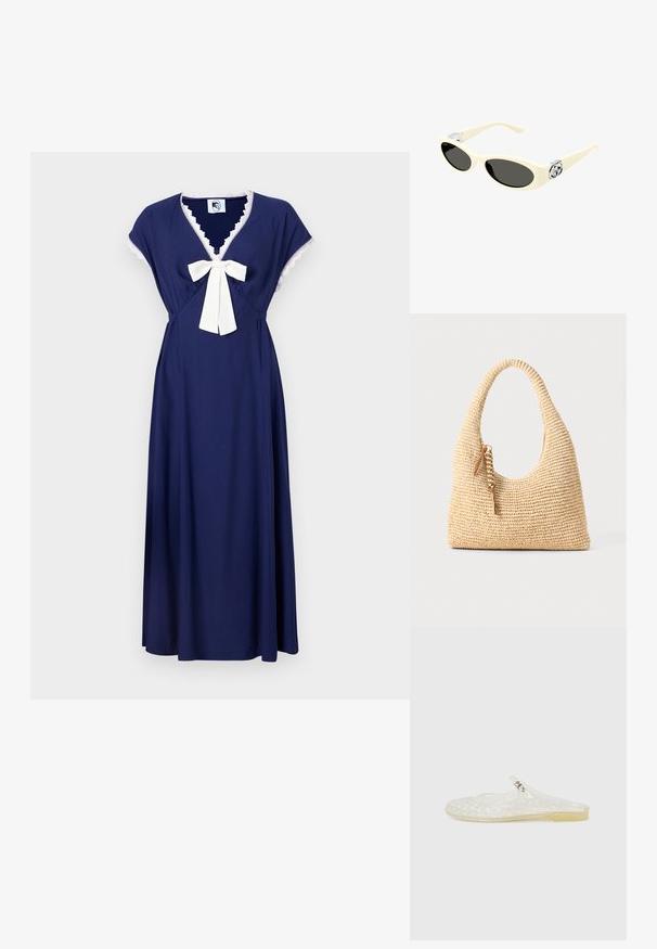 Námornícky modré šaty s krátkymi cap rukávmi, V-výstrihom a krémovou mašľou v páse, zdobené čipkovým lemovaním pozdĺž výstrihu.; Priehľadná plastová nazúvacia topánka s mriežkovým vzorom, okrúhlym prstom a malým strieborným detailom na remienku. Flexibilná podrážka v priesvitnej farbe.; Krémové slnečné okuliare s oválnymi šošovkami, čiernym zafarbením a kovovými logovými akcentmi na spánkoch. Hladká textúra, dizajn v štýle mačacích očí.; Tkaná béžová kabelka s zakrivenou rukoväťou, štruktúrovaným povrchom a hnedým strapcom. Má uvoľnený, hobo tvar.