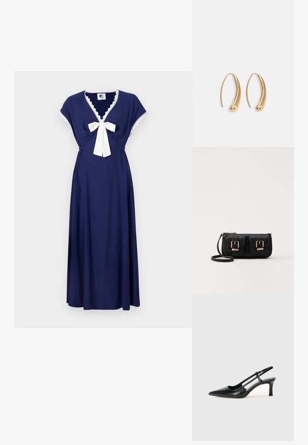 Navyblaues Kleid mit kurzen Schößchenärmeln, einem V-Ausschnitt und einer cremefarbenen Schleife in der Taille, verziert mit Spitze am Ausschnitt.; Schwarze Lack-Slingback-Pumps mit spitzem Zehenbereich, versehen mit strukturiertem Schlangenprint, verstellbarem Riemen und einem kurzen, strukturierten Blockabsatz.; Schwarze Leder-Umhängetasche mit zwei vorderen Taschen, goldenen Schnallen, Reißverschluss und einem schmalen Tragegurt. Texturierte Oberfläche und kompakte rechteckige Form.; Goldfarbene Metall-Hoops mit einer geschwungenen, länglichen Form. Sie verfügen über eine glatte, glänzende Oberfläche und eine abgerundete Spitze für zusätzliche Details.