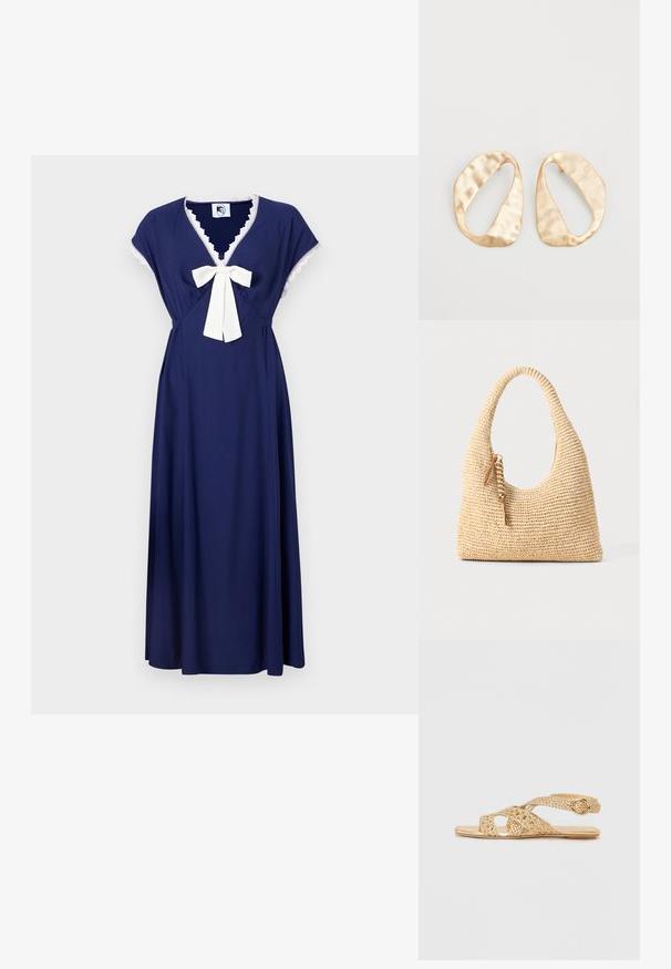 Tume sinine kleit lühikeste kapuutsiga varrukatega, V-kujulise kaelusega ja kreemjas tooni vööga, mille ääres on pitsist ääris kaeluse ümber.; Stuart Weitzman THEA - Sandaalid - golden; Kootud beež käsipakiga kott, millel on kumer käepide, tekstuuriga pind ja pruun tassi detail. Omab vabalt laskevat, hobo stiilis kuju.; Eba paar eba ebaorditud ovaalkujulisi kuldehhe kaal setertu, kerge keersuju  pinnaga valgel taustal.