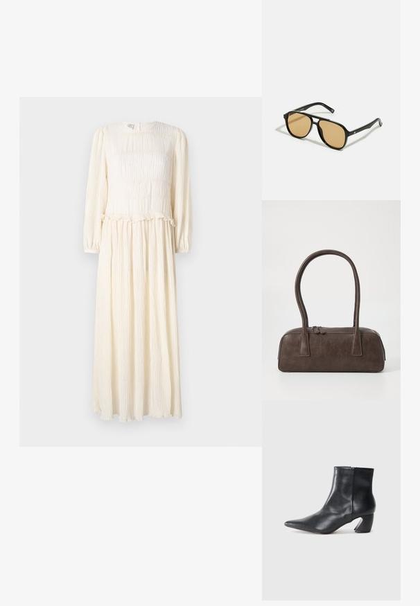 Ilga kreminės spalvos suknelė su ilgomis rankovėmis, tekstūriniu audiniu, smockuoti krūtinė ir pūsta sijono apačia. Lengvas ir laisvas dizainas.; Juodas odinis kulkšninis botas su smailiu pirštu, lieknu siluetu ir išskirtiniu geometriniu bloku kulnu. Lygi tekstūra su šoniniu užtrauktuku.; Juodi saulės akiniai su rudais lęšiais; stačiakampio formos, su storu rėmu, įskaitant subtilias detales ant šventyklų.; Ruda odinė rankinė su dviem tvirtais rankenėlėmis, stačiakampio formos, lygi tekstūra ir užtrauktuku. Minimalistinis dizainas be matomų raštų.