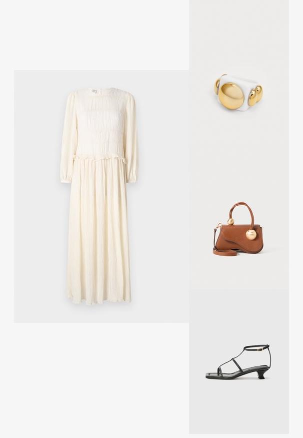 Pitkä, kermavärinen mekko, jossa on pitkät hihat, teksturoitu kangas, smokkibodici ja röyhelöhelma. Kevyt ja lentoisa muotoilu.; Musta nahkasaapas, jossa on neliön muotoinen kärki, ohuet hihnat, säädettävä nilkkahihna ja matala korko. Hihnassa on pieni kultainen yksityiskohta.; Ruskean nahkalaukku, jossa on aaltoileva muotoilu, kahdella pyöreällä kullansävyisellä yksityiskohdalla ja irrotettavalla olkahihnalla monipuolista kantamista varten.; Valkoinen rengas, jossa on kiiltävä pinta, ja jossa on suuri kultainen pyöreä korostus ja kolme pienempää kultapalloa toisella sivulla. Sujuva tekstuuri.