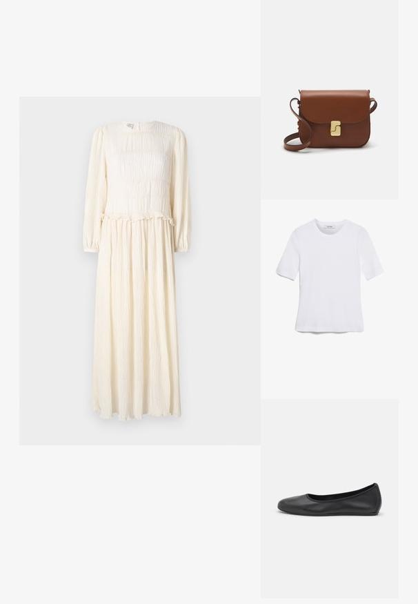 Rochie lungă, de culoare crem, cu mâneci lungi, dintr-un material texturat, cu bust elastic și tiv ondulat. Design ușor și fluid.; Tricou alb cu mânecă scurtă, confectionat dintr-un material texturat. Gât rotund, tăietură regulară și detalii subtile de cusătură. Fără modele sau grafice.; Balerini din piele neagră, cu vârf rotund, textură netedă, detalii de cusătură minimale și un design al tălpii flexibil.; Geantă de piele maro cu închidere tip capac, accesorii de culoare aurie, curea de umăr și o textură netedă. Formă compactă și rectangulară.