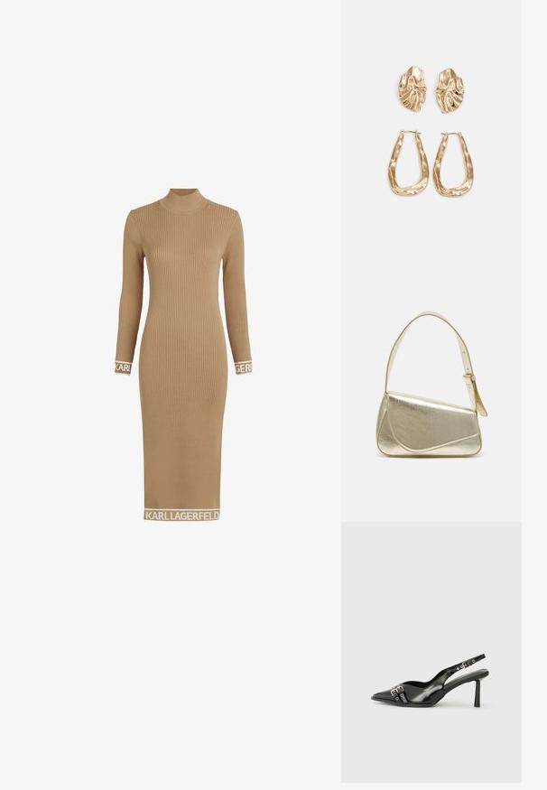 Kammita, pika varrukaga kleit kamelivärvi ja kõrge kaelusega. Omab logo aktsente varrukatel ja äärel. Valmistatud venivast kudumaterjalist.; Must musta nahk kingad sanga ja terava ninaga, ankle strapidega, millel on hõbedased pandlad ja riistvara ning õhuke konts.; Kuldmetallist käekott, millel on struktureeritud disain, sile tekstuur ja reguleeritav rihm. Omab ainulaadset kolmnurkset kuju ja minimalistlikku õmblust.; Kuldse värvi kõrvarõngad, mis on kaunistatud tekstuursete ja laineliste kujunditega. Komplektis on skulpturaalsed klamber kõrvarõngad ja avatud rõngasdisain, millel on lõhestatud viimistlus.