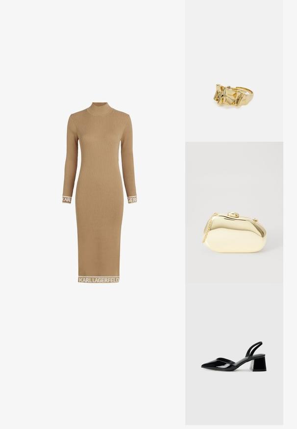 Rupšas, ilgomis rankovėmis, džinsinis suknelė smėlio spalvos su aukštu apykakle. Apdaila su logotipo akcentais rankovėse ir apačioje. Pagaminta iš tamprios trikotažo medžiagos.; Juodos lakuotos odinės šlepetės su smailiu pirštu ir geometriniu bloko kulnu. Turi elegantišką, minimalistinį dizainą ir lygų paviršių.; Metalinis auksinis rankinukas su glotnia, suapvalinta forma, turintis viršutinį mygtuko užsegimą ir mažą grandinėlės dirželį nešiojimui.; Aukso žiedas su tekstūruotu, banguotu dizainu, turintis tris iškilias viršūnes. Lygus, blizgus paviršius su atviromis juostelėmis, leidžiančiomis reguliuoti dydį.