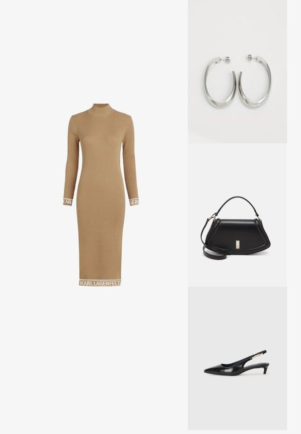 Tkaninowa sukienka z długim rękawem w kolorze kamelowym z wysokim dekoltem. Posiada akcenty z logo na rękawach i u dołu. Wykonana z elastycznego materiału dzianinowego.; Czarne skórzane szpilki typu slingback z ostrym noskiem, posiadające smukły obcas i złoty akcent na regulowanym pasku. Gładka tekstura.; Czarna skórzana torebka o strukturalnym designie, z przyciętą formą, górnym uchwytem i złotymi akcentami. W zestawie regulowany pasek na ramię.; Srebrne kolczyki-hoop o gładkim, zakrzywionym designie. Posiadają błyszczące metaliczne wykończenie i zapięcie na sztyft. Brak widocznych wzorów lub akcentów.