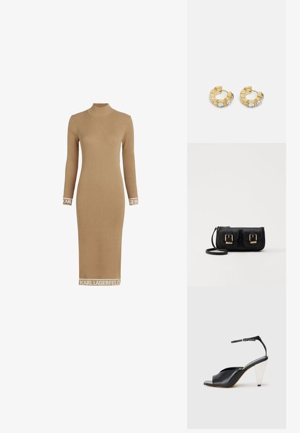 Geribbelde jurk met lange mouwen in camel kleur en hoge hals. Kenmerkt zich door logo-accenten op de mouwen en onderrand. Gemaakt van rekbare breigoed.; Zwarte leren hoge hak sandaal met open teen, asymmetrisch ontwerp, enkelbandje en een metalen kegelvormige hak. Glad oppervlak over het geheel.; Zwarte leren schoudertas met twee vo pockets, gouden gespen, ritsluiting en een smalle band. Tekstuur oppervlak en compacte rechthoekige vorm.; Gouden creolen met een getextureerd ontwerp en drie heldere kristalaccenten aan één zijde, wat een moderne geometrische esthetiek biedt.