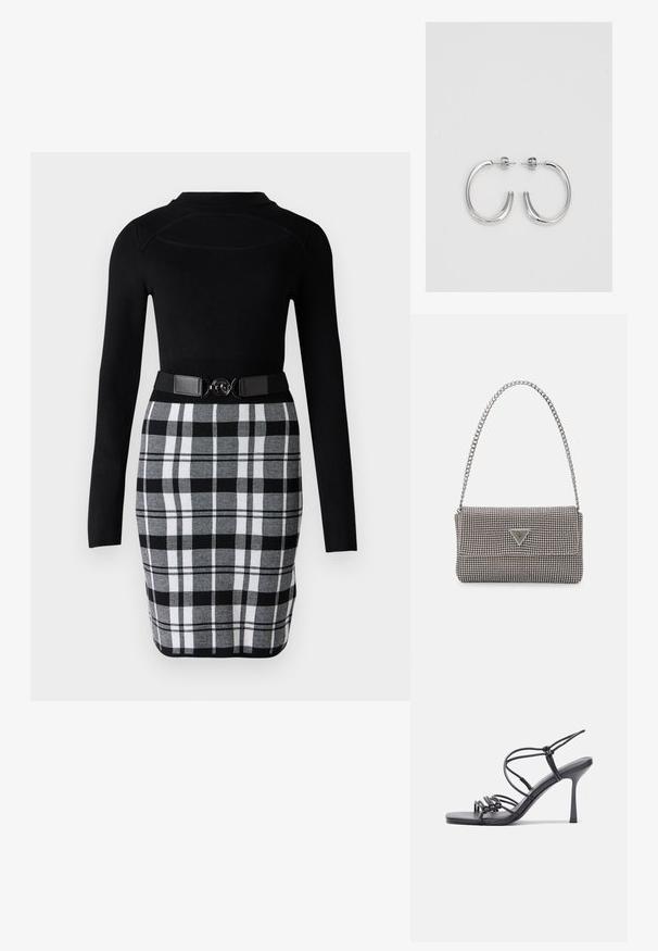 Top nero a maniche lunghe dal design aderente, abbinato a una gonna a matita a quadri neri e bianchi con cintura dotata di fibbia circolare.; Sandali neri con tacco alto presentano sottili cinturini con design annodato, una punta quadrata liscia e un elegante tacco a spillo.; Borsa a mano metallica grigia chiara con tracolla a catena, impreziosita da piccoli chiodi metallici circolari e da un logo triangolare del marchio.; Orecchini a cerchio in argento con una finitura liscia e lucente. Forma arrotondata, design leggero, con chiusura a perno.