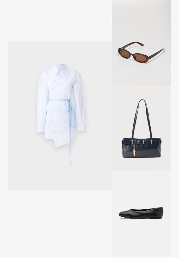 Prugasta svetlo modra obleka s sprednjim gumbom, koničastim ovratnikom, dolgimi rokavi in zavezanim modrim pasom v pasu. Asimetričen rob.; Paul Smith TOPANGA - Balerinke - black; Okrogle, rjavo obarvane sončne naočare z sijočim burgundskim okvirjem. Tanek nosilec s subtilnim logotipom. Oblika leč je ravna.; Mornarska usnjena torbica z dvema dolgima ročajema, dodatkom z zaponko in pritrjeno ključavnico. Ima gladko teksturo in pravokotno obliko.