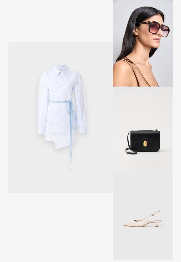 Gestreiftes, hellblaues Hemdblusenkleid mit Knopfleiste, spitzem Kragen, langen Ärmeln und einem gebundenen blauen Gürtel in der Taille. Asymmetrischer Saum.; Cremefarbene Slingback-Schuhe mit spitzem Zehenbereich und niedrigem Kitten-Absatz sowie goldener Schnalle auf einfarbig weißem Hintergrund.; Große, quadratische Sonnenbrillen mit einem braunen Schildpatt-Rahmen und einem Farbverlauf in Rosa für die Gläser. Mit einem goldenen Logo-Akzent am Bügel.; Schwarze Lederhandtasche mit strukturierter rechteckiger Form. Verfügt über einen goldenen ovalen Verschluss und einen dünnen Schulterriemen. Glatte Textur.