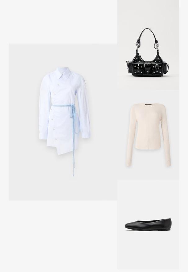 Prugasta svetlo modra obleka s sprednjim gumbom, koničastim ovratnikom, dolgimi rokavi in zavezanim modrim pasom v pasu. Asimetričen rob.; Dolga majica v svetlo bež barvi s okroglim izrezom. Narejena iz mehkega materiala, ima osrednji šiv in rahlo ukrivljen rob. Ni vidnih elementov.; Paul Smith TOPANGA - Balerinke - black; Črna usnjena torbica s ukrivljenim dizajnom, ki vsebuje srebrne žebljičke, zaponko in dve stranski žepki. Nastavljiv trak za različne možnosti nošenja.