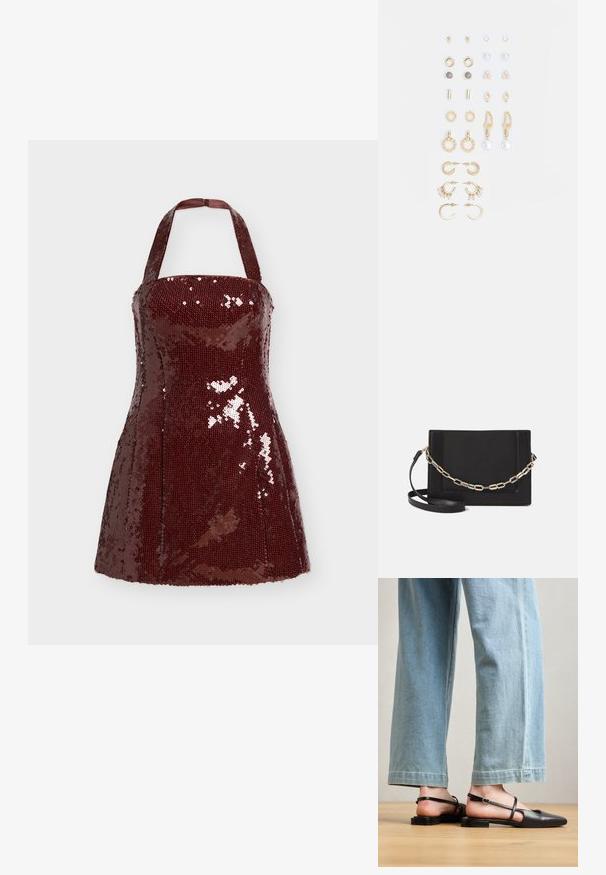Burgundy sequin minidress with halter neck, fitted bodice, and flared skirt. Features shiny sequins and smooth fabric texture.; Black leather slingback shoes with a pointed toe, flat heel, and ankle strap; worn with light blue wide-leg jeans.; Black leather crossbody bag featuring a smooth texture, rectangular shape, and a metallic chain detail on the front. Adjustable strap included.; Set of gold-tone earrings featuring various designs, including studs, hoops, and dangling pieces with pearls and rhinestones.