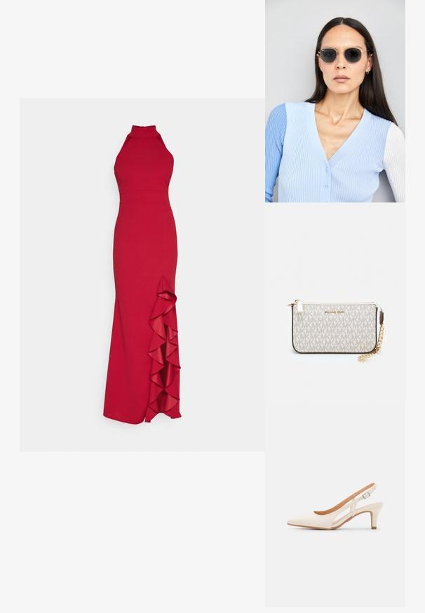 Crvena haljina s halter vratom, s tijesnim tijelom i naborom sa strane. Napravljena od glatke tkanine, ima siluetu do poda.; Bijela slingback peta s oštrim vrhom, glatkim gornjim materijalom, niskom blok peta te dizajnom s bočnim izrezom i podešivom kopčom.; Ok Runde sunčane naočale s tamnim staklima i zlatnim okvirom. Model nosi svijetloplavi rebrasti kardigan s gumbima i kontrastnim bijelim rukavima.; Michael Kors novčanik na zapešću u bež premazanoj tkanini s ponavljajućim uzorkom MK loga, zlatnim hardverom i odvojivim lancem za nošenje.