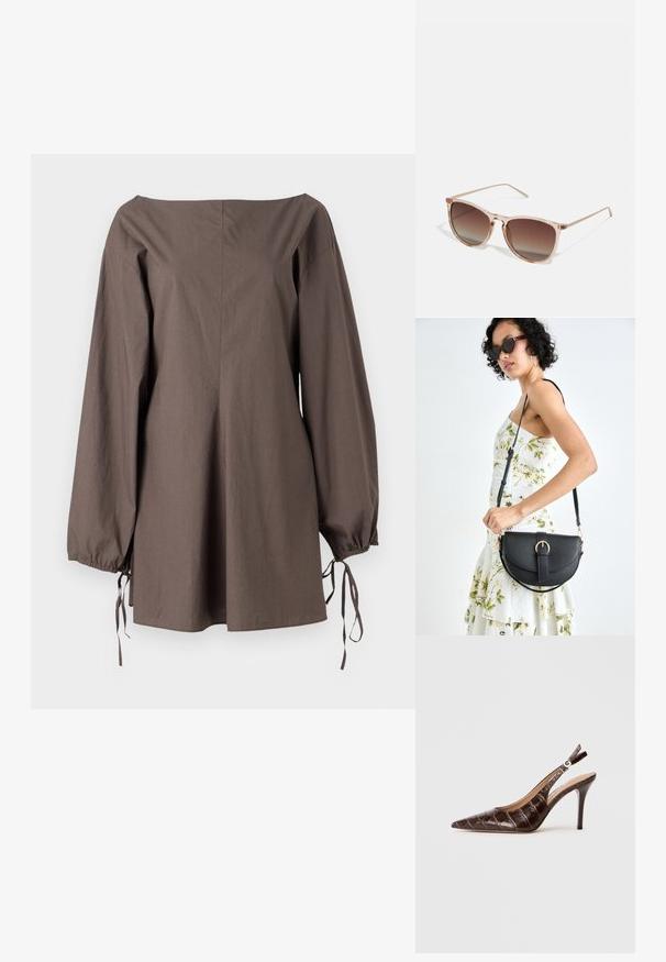 Brun, averskulert topp laget av teksturert stoff, med lange ermer med snøring og en løs, avslappet passform.; Brune, krokodilleskinn-embossed slingback pumpe med spiss tå, åpne sider og en tynn høy hæl. Designet med en spennejustering.; Brune gradient solbriller med en gennemsigtig pink ramme, firkantet facon og tynde metalarme. Har afrundede kanter og minimal detaljering.; Svart lærveske med en buet form, avtagbar stropp og gullbeslag. Vesken har et klaff med spenne-detall.