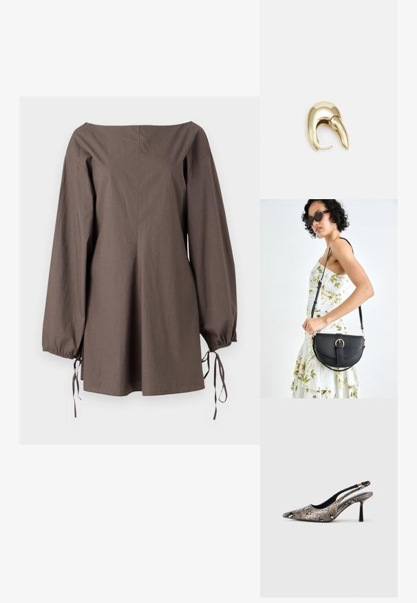 Braunes, schulterfreies Top aus strukturiertem Stoff, mit langen Ärmeln und Kordelzügen sowie einer lockeren, entspannten Passform.; Spitze Slingback-Schuhe aus strukturiertem Schlangenprint-Material, mit einem schlanken schwarzen Absatz und einem Ausschnitt-Design an den Seiten.; Schwarze Lederhandtasche mit geschwungener Form, abnehmbarem Tragegurt und goldenen Beschlägen. Die Tasche verfügt über einen Deckel mit einer Schnallen-Details.; Ohrringe aus goldfarbenem Metall mit einem schlanken, geschwungenen Design. Sie verfügen über eine markante, spitze Form, eine polierte Oberfläche und einen Scharnierverschluss.