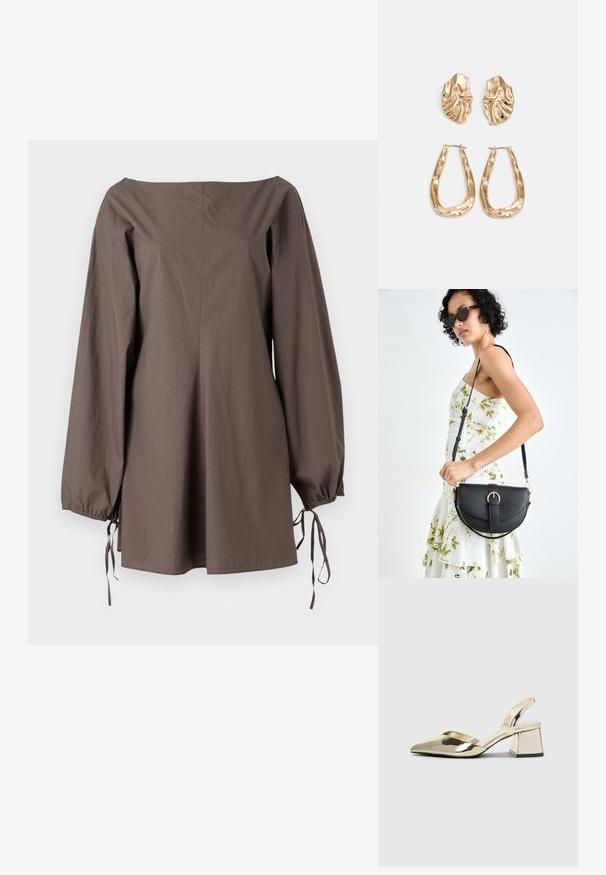 Top castanho, off-the-shoulder, feito de tecido texturizado, com mangas longas com cordões de ajuste e um ajuste solto e descontraído.; Sapatos de salto alto metálicos dourados, com biqueira em ponta e salto grosso. Textura suave, design minimalista e uma tira estreita.; Bolsa de couro preta com forma curva, alça destacável e detalhes em dourado. A bolsa possui uma aba com detalhe de fivela.; Brincos em tom de ouro com formas onduladas e texturizadas. Inclui studs escultóricos com presilha e um design de argola aberta com um acabamento martelado.