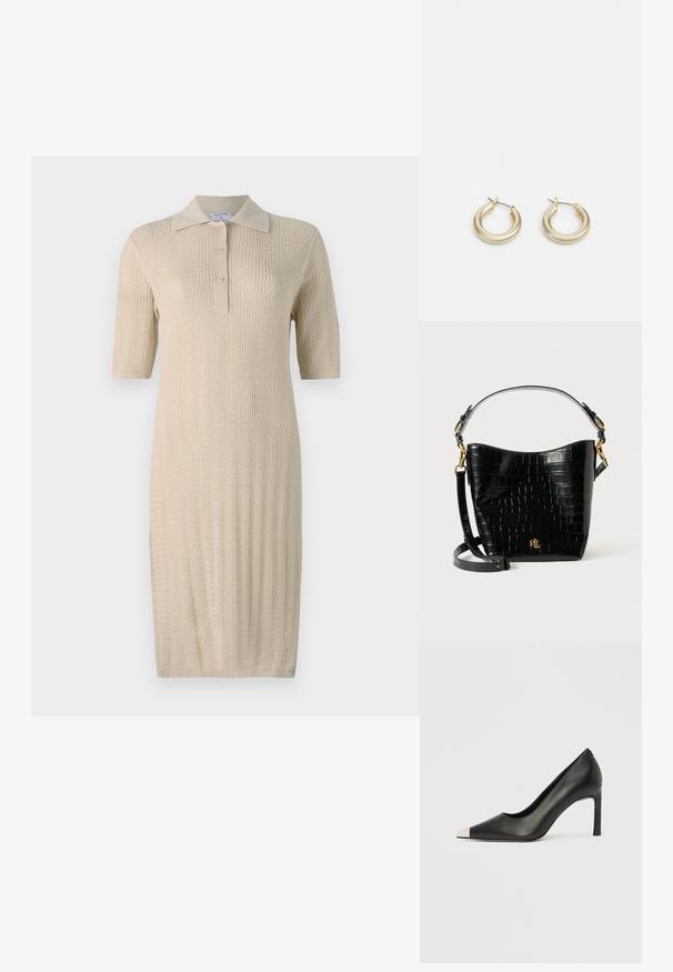 Megzta kreminė suknelė su trumpomis rankovėmis, polo tipo apykakle ir sagų eile. Yra tekstūruotas raštas, einantis vertikaliai per audinį.; Juodas odinis aukštakulnis batelis su smailia nosimi ir metaliniu sidabriniu galiuku. Turi lygų paviršių ir ploną 10 cm kulną.; Juodas krokodilo rašto odinis krepšys su lenkta forma, auksiniais aksesuarais, reguliuojama juosta ir logotipo detale priekyje.; Lauren Ralph Lauren BASIC SMALL HOOP - Auskarai - gold-coloured