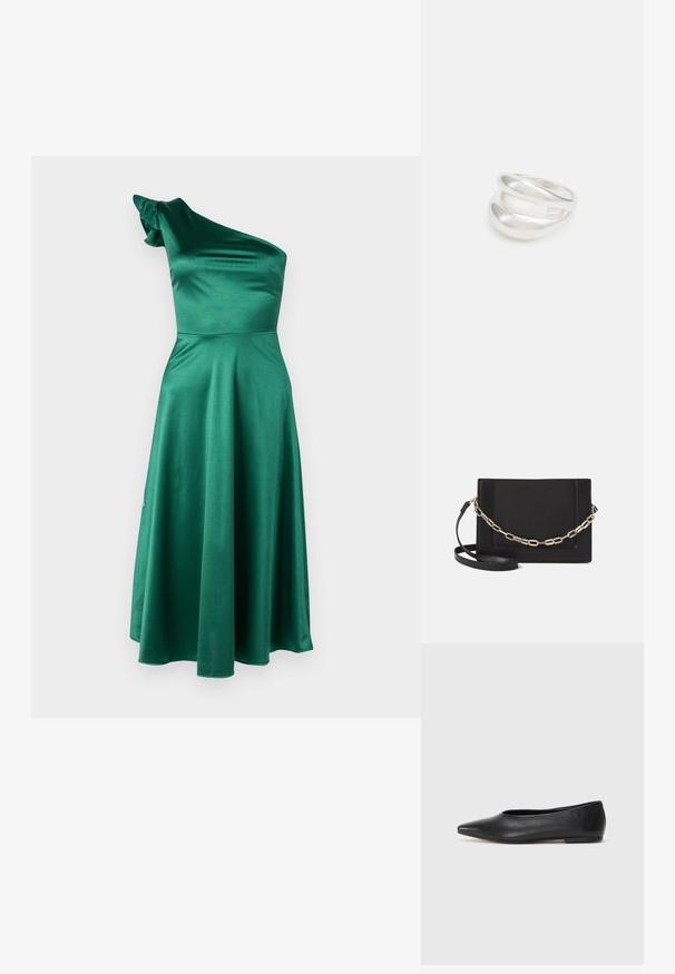 Zaļš satīna kleita ar vienu plecu, plūstoša svārku, kas sasniedz vidus teļa, un viļņotu akcentu uz pleca. Gluda tekstūra un spīdums.; Melna ādas baleta kurpe, ar norādītu purngalu, minimālisma dizains, gluda tekstūra, zema papēža augstums, bez redzamiem aksesuāriem vai rotājumiem.; Melna ādas crossbody soma ar gludu faktūru, taisnstūrveida formu un metalizētu ķēdes detaļu priekšā. Iekļauta regulējama siksna.; Sudraba divu joslu gredzens ar gludu, pulētu virsmu. Iezīmējas ar plūstošu, izliekta dizaina struktūru ar pārklājošām sekcijām modernam izskatam.