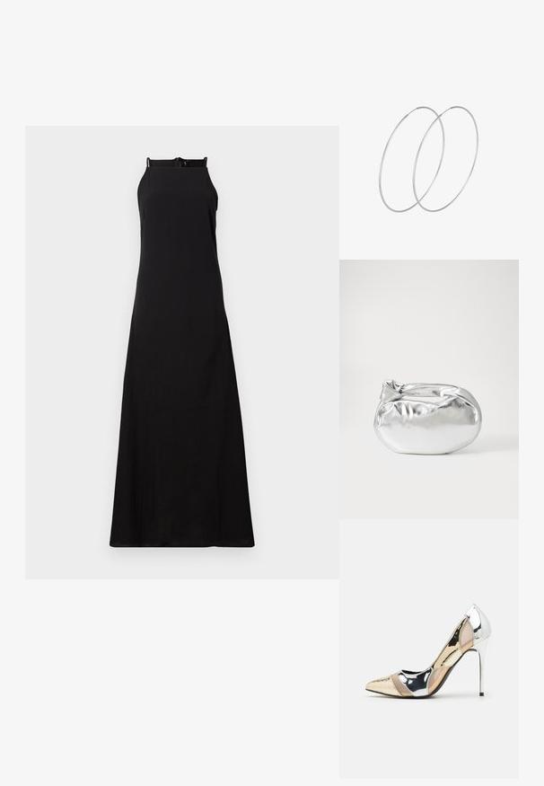 Juoda be rankovių maksi suknelė tiesiu kirpimu, turinti aukštą iškirptę ir užtrauktuką nugaros dalyje, pagaminta iš lygaus, lengvo audinio.; Aštrus pirštas aukštakulnis batelis su sidabro, aukso ir nuogų spalvų deriniu. Blizgus paviršius su išpjovos dizainu, su stiletto kulnu.; Sidabrinė metalinė maišelio forma su švelnia, apvalia forma ir mazgu užveriamu viršumi. Pagaminta iš lygios dirbtinės odos medžiagos.; Sidabrinės pusmėnulio auskarai minimalistiniu dizainu. Apskritimo forma, lygus paviršius ir plonas profilis. Lengvi su poliruotu apdailu.
