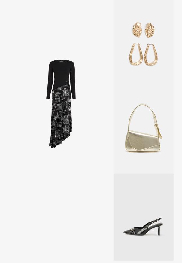 Čierne dlhé šaty s asymetrickým lemom. Vrchná časť je vyrobená z jednoliatej látky, zatiaľ čo sukňa zobrazuje biele architektonické nákresy na čiernom pozadí.; Čierne lakované kožené slingback topánky s špicatou špičkou, remienkami okolo členku s striebornými prackami a hardvérom, a štíhlým podpätkom.; Zlatá metalická kabelka so štruktúrovaným dizajnom, hladkou textúrou a nastaviteľným popruhom. Obsahuje jedinečný trojuholníkový tvar a minimalistické šitie.; Náušnice v zlatej farbe s textúrovanými, vlnitými tvarmi. Obsahujú sochárske klipsové náušnice a otvorený tvar krúžku s kladivkovým povrchom.