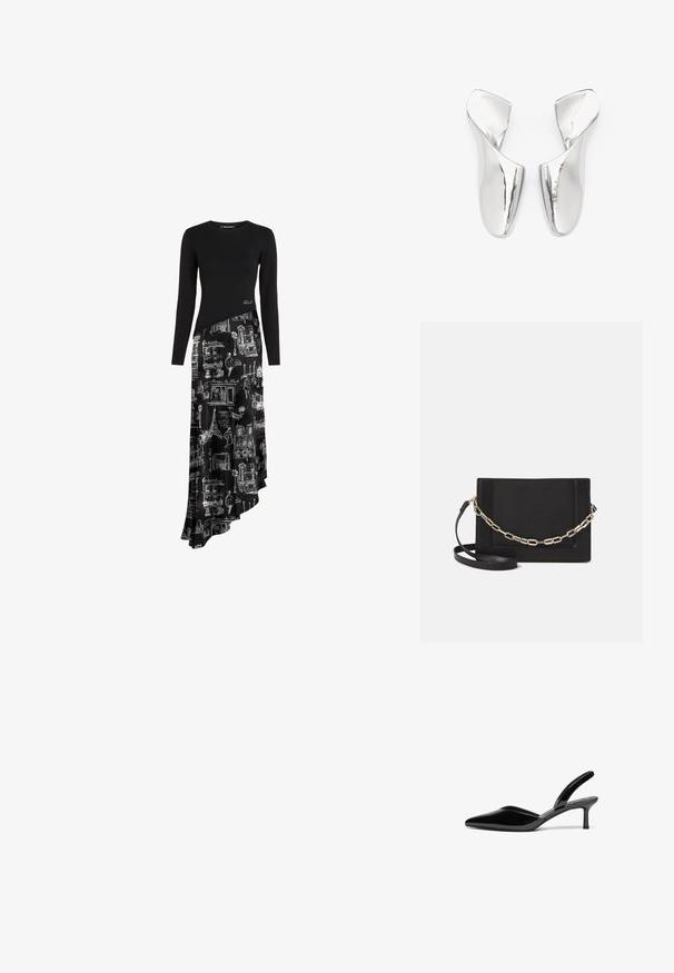 Mustan pikad varrukad dress, millel on asümmeetriline hems. Üliekraanil on ühtlane kangas, samas kui seelikul on mustal taustal valged arhitektuuri joonistused.; Mustad nahast slingback kontsad terava ninaga, madala stilettokontsa ja sõbraliku, lihtsa kujundusega ilma dekoratsioonideta.; Mustast nahast õlakott, mis omab siledat tekstuuri, ristküliku kuju ning esiküljel metallketi detaili. Reguleeritav rihm on kaasas.; Hõbedased avatud varvashoidjad, millel on elegantselt kaardus disain. Läikiv viimistlus, sile tekstuur ja ainulaadne asümmeetriline kuju. Pole nähtavaid metallosade ega aktsente.