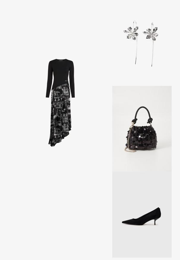 Fekete, hosszú ujjú ruha aszimmetrikus szegéllyel. A felsőrész egyszínű anyagból készült, míg a szoknya fehér építészeti vázlatokat mutat be fekete háttéren.; Fekete velúr magassarkú cipő hegyes orral és vékony, alacsony sarokkal. Simább textúrájú, letisztult dizájn, amelyen nincsenek látható fém alkatrészek.; Fekete flitteres mini kézitáska csomózott textúrájú pánttal és ezüst lánccal. Lekerekített forma, ráncolt tetejével és fényvisszaverő részletekkel.; Ezüst virágformájú fülbevalók, texturált felülettel, hosszú akasztókkal és szirmokra hasonlító részletekkel az összetett dizájn érdekében.