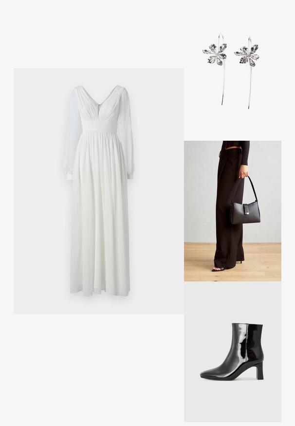 Hosszú, fehér ruha V-nyakkivágással, testhez simuló felső résszel és lágyan omló szoknyával. Hosszú, áttetsző ujjakkal és hátsó cipzárral rendelkezik. Sima textúra.; Fekete lakk bőrcipő bokáig érő, hegyes orral és közepes magasságú tömbsarokkal. Simább textúrával és minimalista dizájnnal rendelkezik.; Fekete kézi táska strukturált formával, sima textúrával és fémből készült záródással. Széles fekete nadrággal és nyitott orrú szandállal párosítva, fából készült padlón.; Ezüst virágformájú fülbevalók, texturált felülettel, hosszú akasztókkal és szirmokra hasonlító részletekkel az összetett dizájn érdekében.