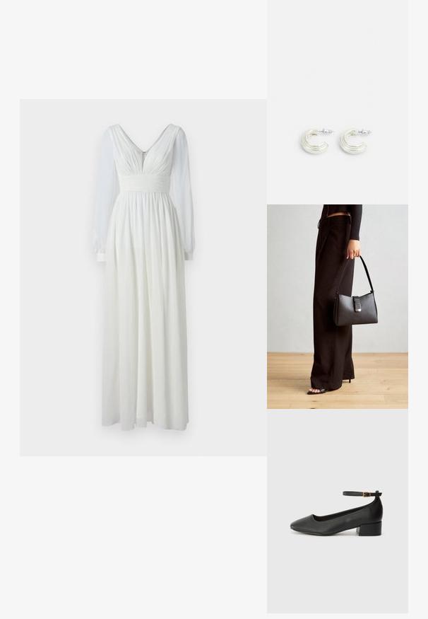 Ilga balta suknelė su V formos iškirpte, prilipusiu kūnu ir plačiu sijonu. Yra ilgos permatomos rankovės ir nugarinis užtrauktukas. Sklandus paviršius.; Juodas odinis aukštakulnis batelis su smailiu pirštu ir žemu bloku. Su kulkšnies dirželiu su auksinės spalvos sagtimi. Lygus paviršius.; Juodas rankinė struktūrizuota forma, lygi tekstūra ir metalinis užsegimas. Suporuota su plačiomis juodomis kelnėmis ir atvirais bateliais ant medinių grindų.; Sidabriniai auskarai įsukto žiedo dizaino, su tekstūruotu paviršiumi ir briaunotu akcentu, pritvirtinti su užsegimu ant kotelio.