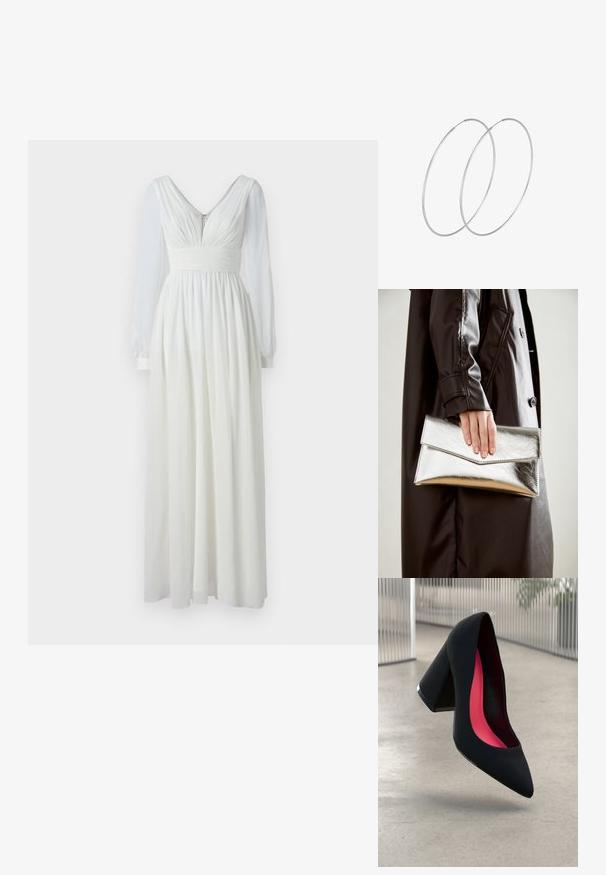 Pikk valge kleit V-kaelusega, istuv kehaosa ja voolav seelik. Omab pikki läbipaistvaid varrukaid ja tagumist tõmblukku. Sile tekstuur.; Must kontsaga king, millel on terav nina ja tekstuuriga pealmine osa. Sisemine pool on erkroosa voodriga. Kont on ruudukujuline ja selle alusel on metallikdetail.; Hõbedane metallist kott, millel on nurkne ümbriku disain, sile tekstuur ja kontrastne sisekuju, hoituna musta jope käes.; Hõbedased rõngastikkaehingad minimalistlikus disainis. Ümar kuju, sile tekstuur ja õhuke profiil. Kerged ning poleeritud viimistlusega.